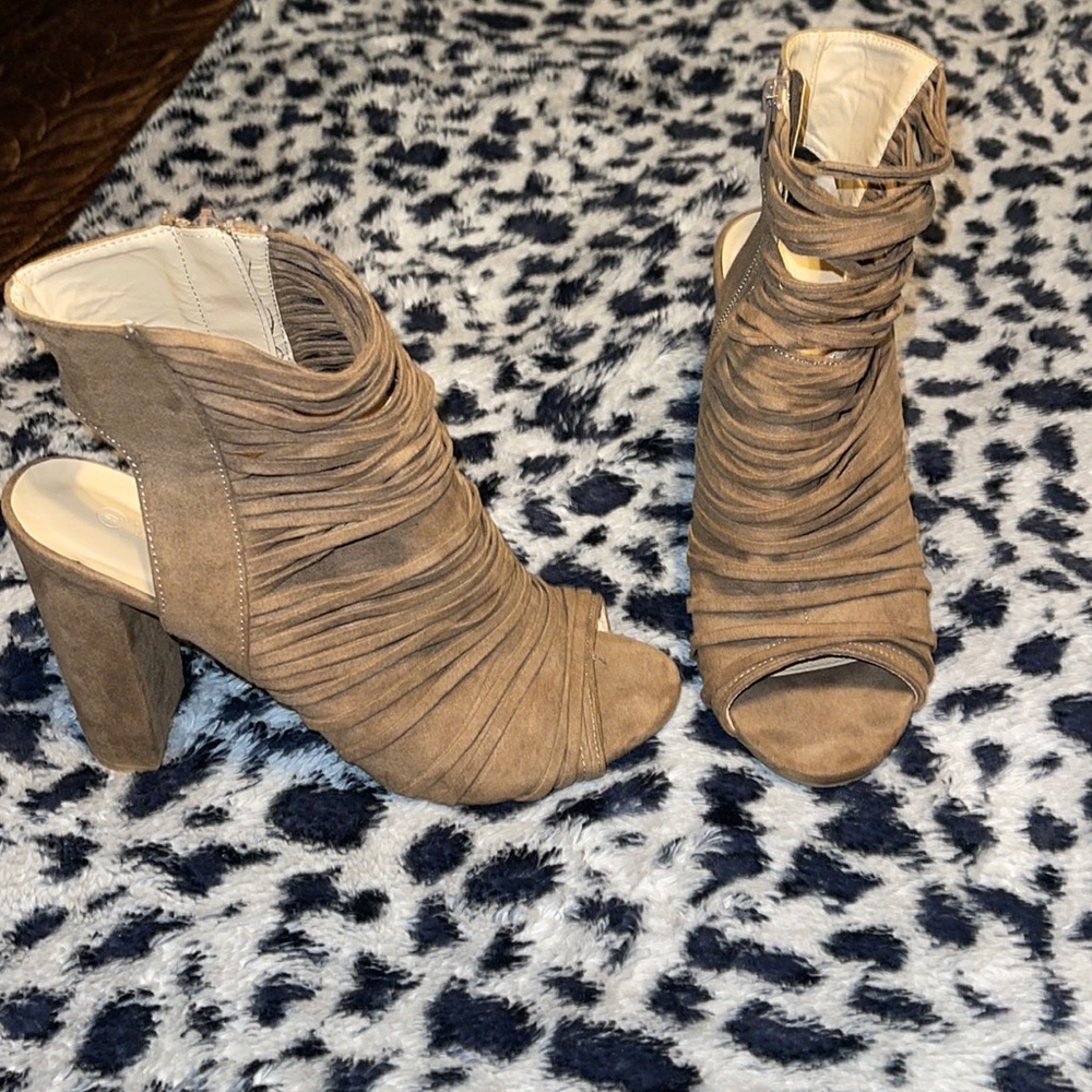 Brown open toe booties